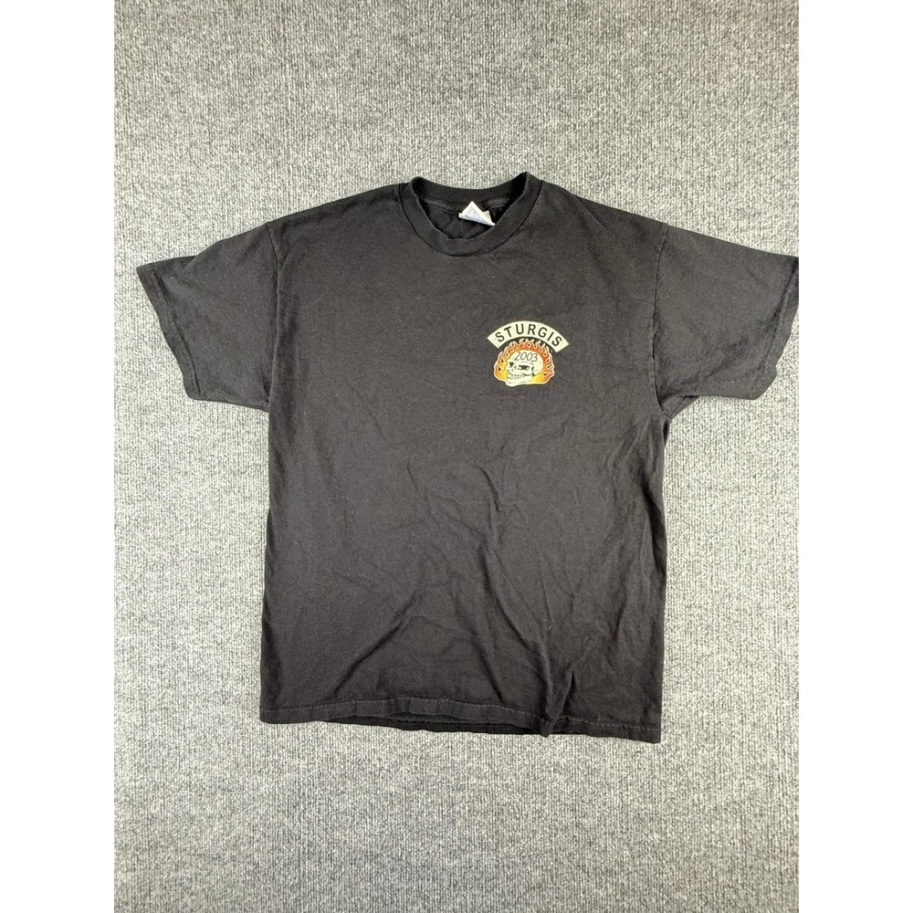 Vintage Hanes Sturgis Rally Shirt Mens Large Black Skull Flames Biker Tee 2003